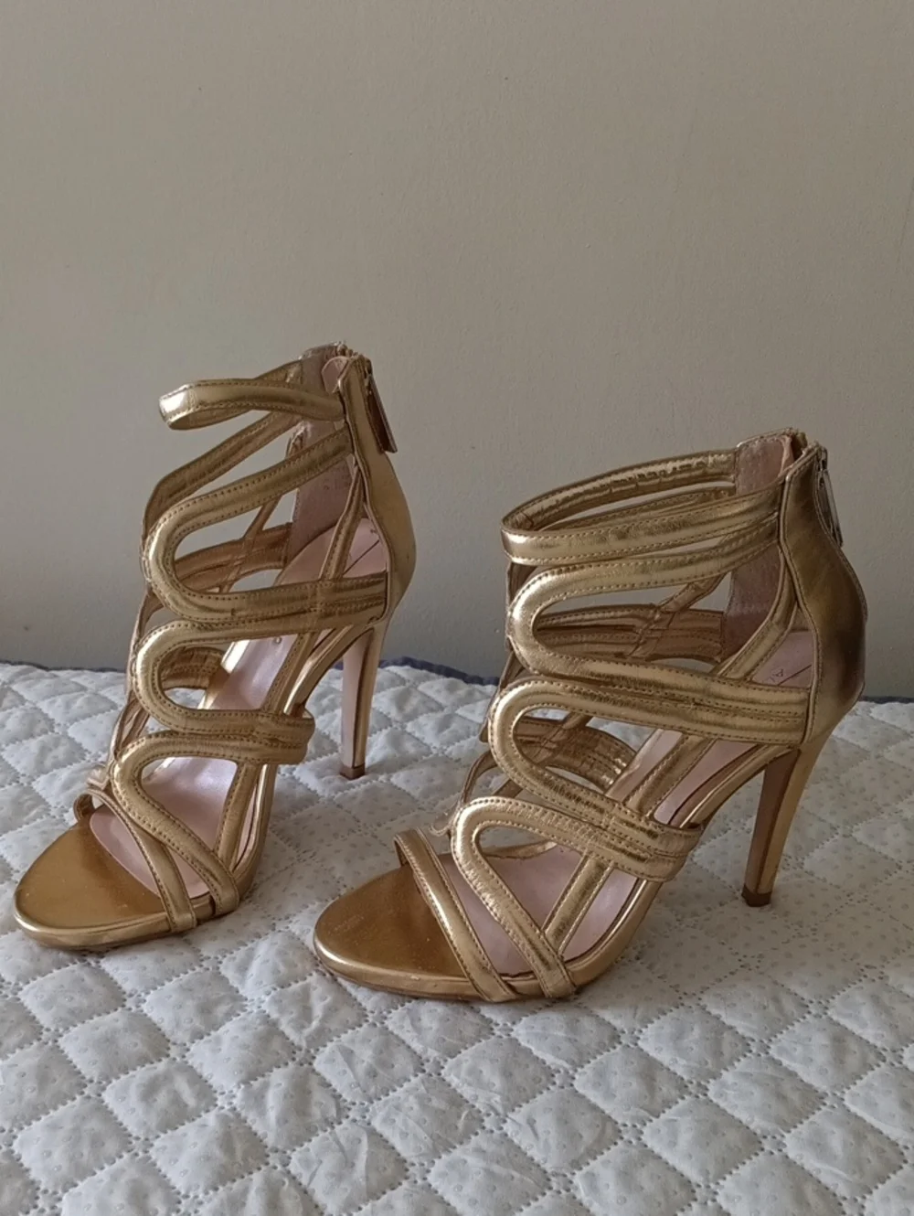 Aldo Gold Leather Strappy High Heel Sandals - Women's Elegant Evening  Shoes